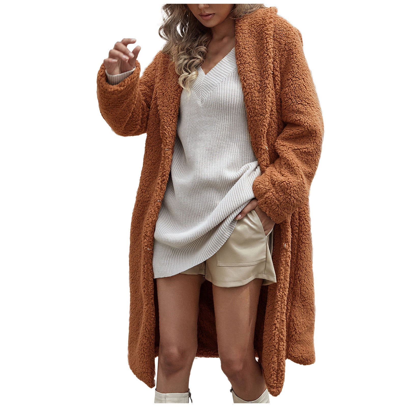 2019 New Womens Ladies Casual Warm Artificial Wool Coat Jacket Solid Lapel Winter Outerwear 