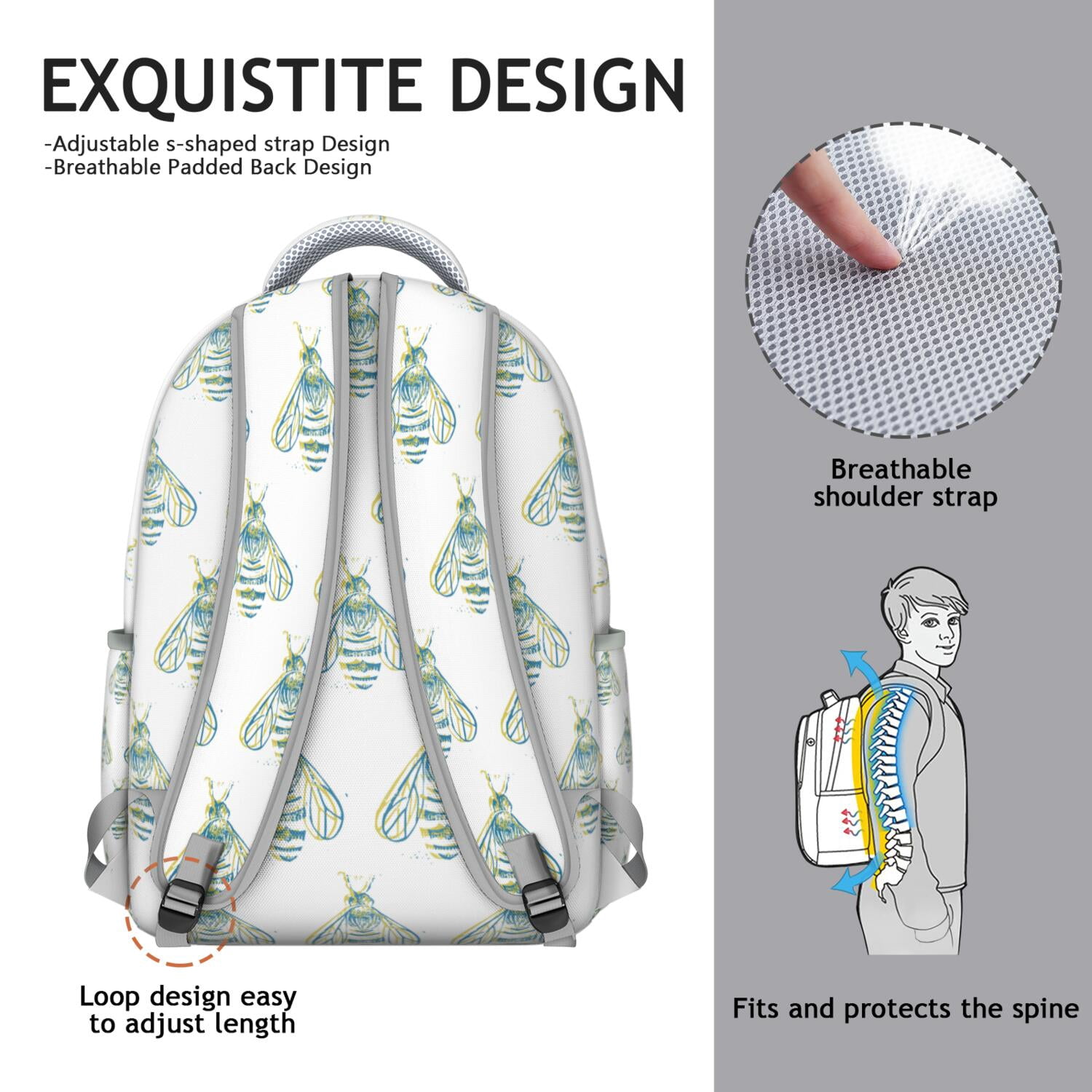 Bees Themed Laptop Backpack&nbsp;- School Essentials Bag with Side Elastic Pouch, Ergonomic Design to Reduce Back Pain, Water-Resistant Coating for Protection