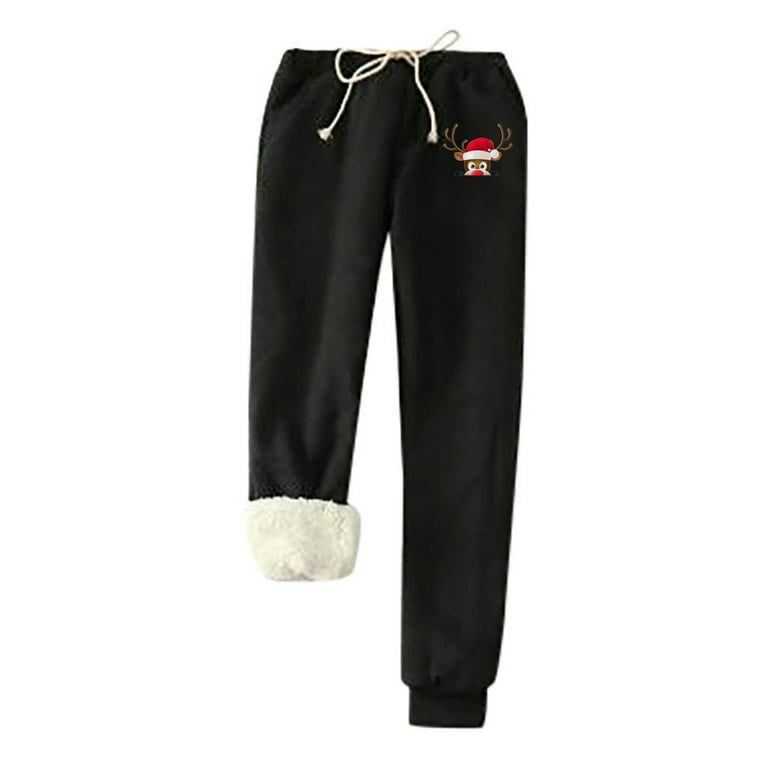 Ladies Joggers Fleece Lined Thermal Trousers Sunflower Print Winter Warm Cashmere Thick Sherpa Pants Wide Leg Casual Sports Gym Bottoms Drawstring