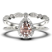 Art deco 1.75 Carat Vintage Pear Cut Morganite And Diamond Moissanite Engagement Ring Set, Wedding Ring in 925 Sterling Silver With 18k White Gold Plating Gift For Her Promise Ring Anniversary Ring