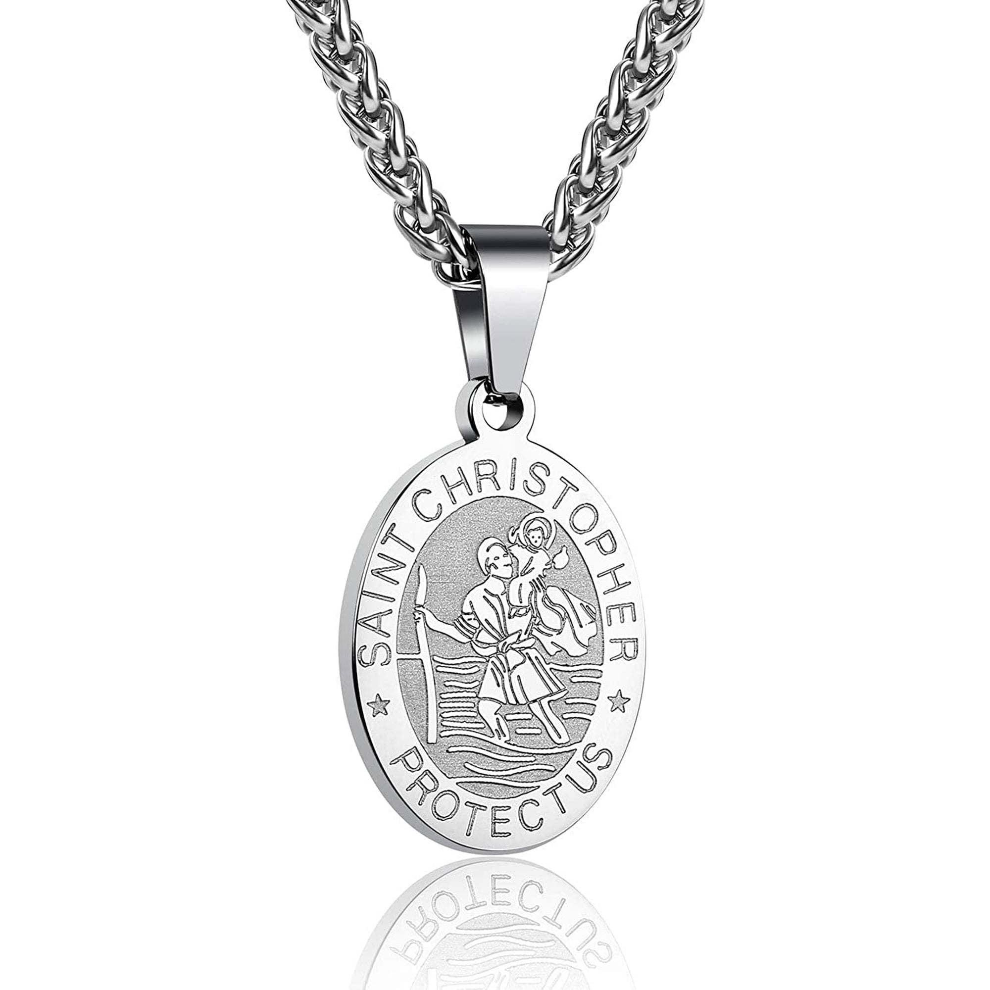 APSVO Silver Saint St Christopher Necklaces for Men Boys Stainless Steel Medal Pendant Chain Christian Religious Catholic Birthday First Communion Graduation Fathers Day Jewelry Gifts Teen Dad Kid