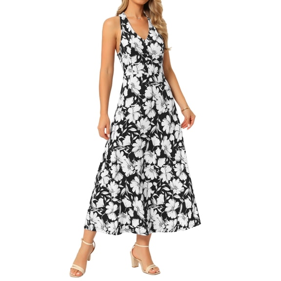 DARING DIVA Women's Halter Sleeveless A-line Maxi Floral Print Casual Sundress S Black