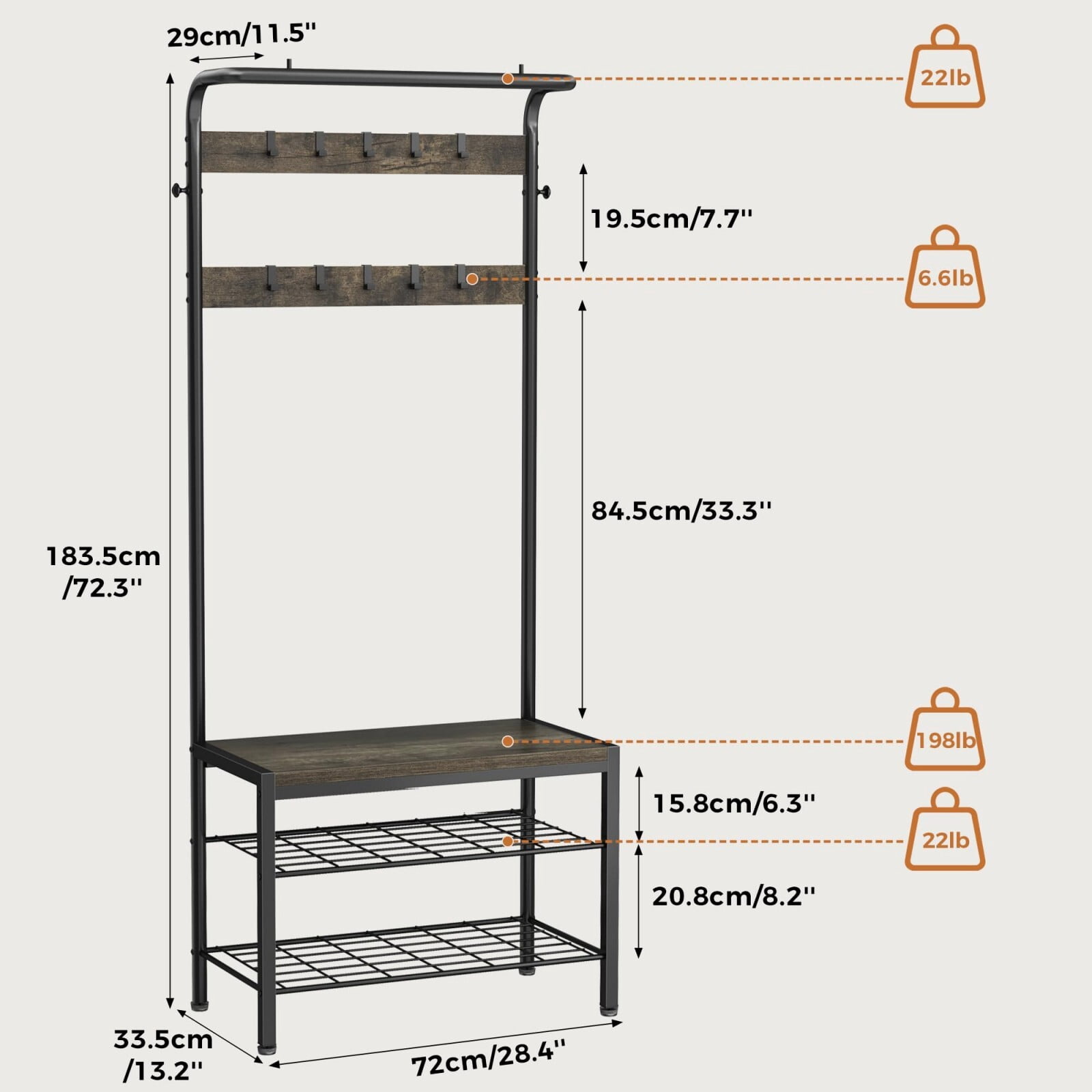 Kelno 72"x28" Hall Tree with Shoe Bench Industrial Entryway Coat Rack with Hanging Rod 10 Removable Hooks 2-Tier Shoe Storage, Gray