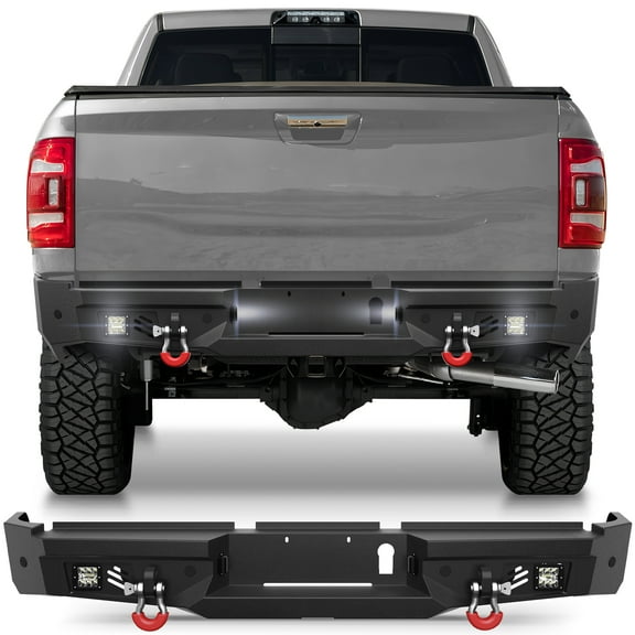 POFENZE Rear Bumper for 2019-2024 Dodge Ram 2500/3500 Black Pickup Truck Bumper for Ram w/Step Plate, 2x18w Lights, D-rings, License Plate Lights