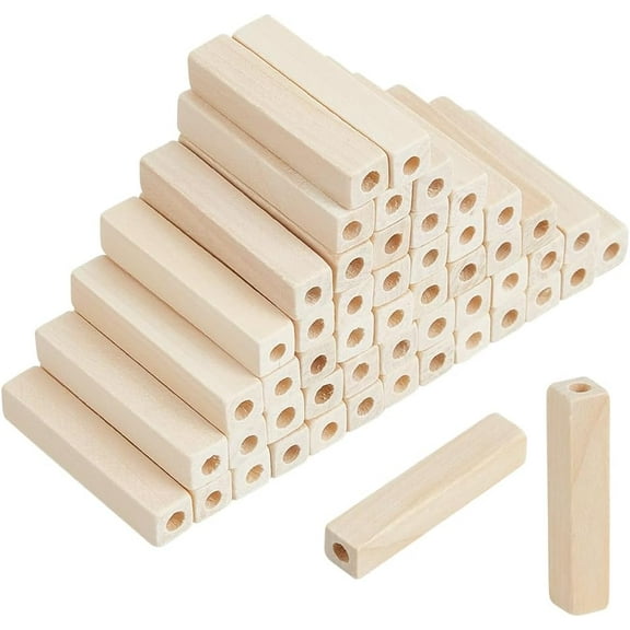 50 Pcs Unfinished Wood Rectangle Beads Large Hole Unfinished Blank Beads Tube for DIY Necklace Bracelet Jewelry Making 0.39x1.9inch