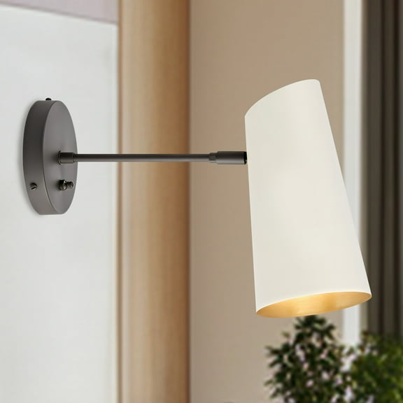 Industrial Ivory Metal Shade Sconce with Black Straight Pole, Hand-polished Wall Sconce, Wall Light for Hallway, Bedroom, Living Room