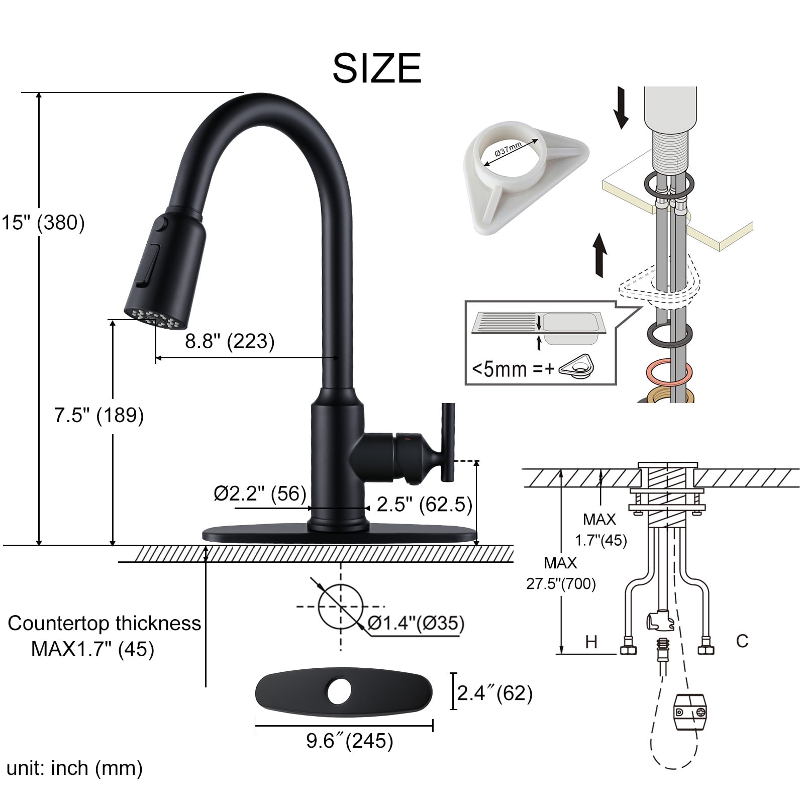Wowow Single Handle Kitchen Sink Faucet Matte Black Kitchen Faucet with Pull Down Sprayer
