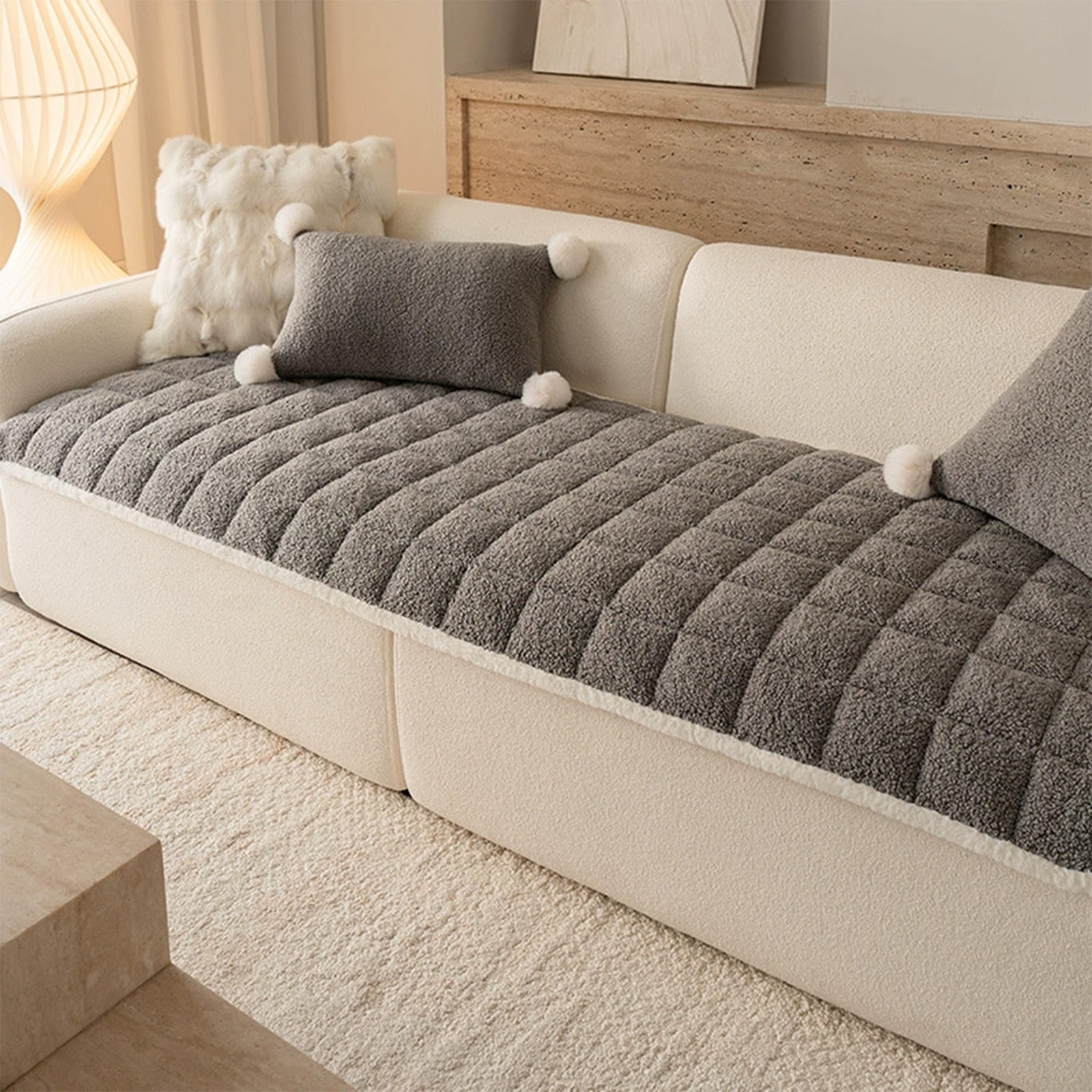 Thick Plush Sofa Cushion 70x120cm, Non-Slip Winter Seat Pad, Straight-Line Design Fixed with Straps, Soft Gray Polyester, for Living Room Couch Decor