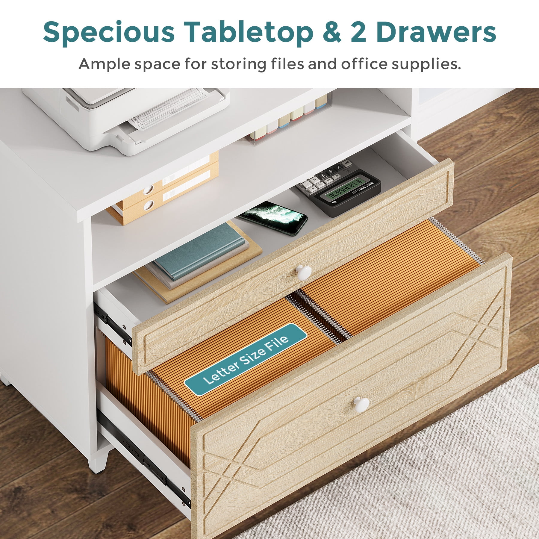 Condemo Large Storage MDF Board Metal Lateral File Cabinet Printer Stand, White and Light Brown