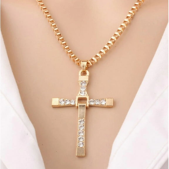 Prima Jewelries 14K Yellow Gold-Plated 1.00 CTW Prayer Cross Religious Bling 20-Inches Box Link Chain Pendant Necklace Set Gift