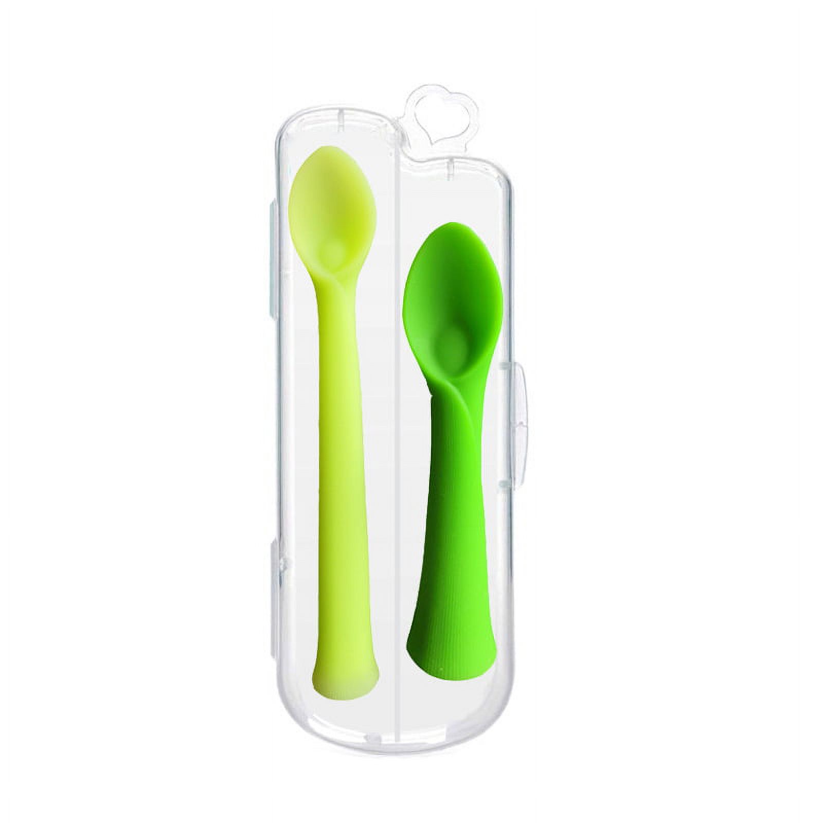Set De 2 Cuillères D'Apprentissage En Silicone Pour Bébé Avec Boîte De Rangement - Bleu - Recommandé Pour La Diversification Alimentaire Et La Dentition