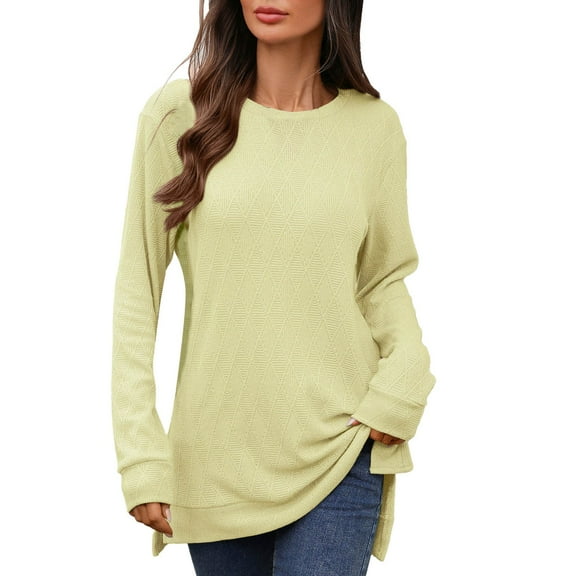 Aihuaihua Long Sleeves Shirts for Women Round Neck Side Split Tshirts Pullover Tunics Tunic Tops Fall Tees for Women Yellow L