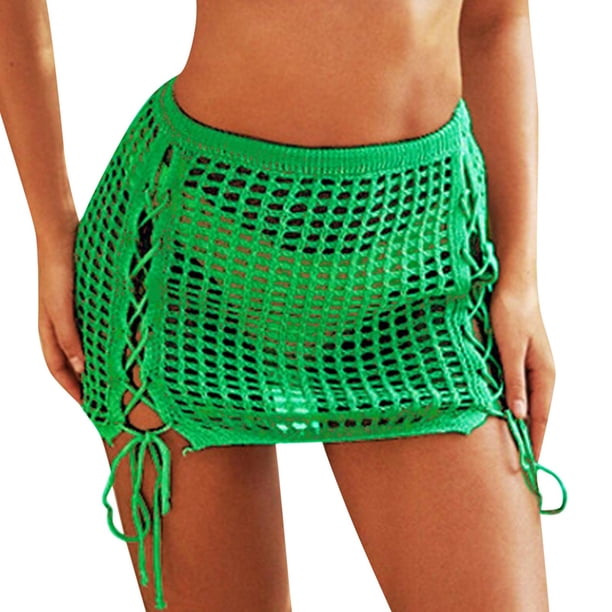 Gibobby mini faldas de tul para mujer Cubiertas de traje de baño huecas Cubiertas sexy de playa de punto con borlas(Verde, XL)