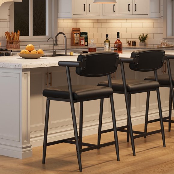 TROPOW 26" Counter Height Bar Stools Set of 2, Modern Kitchen Island Stools with Arms & Back, Upholstered Wide Seat with Footrest, Metal Frame, Easy Assembly