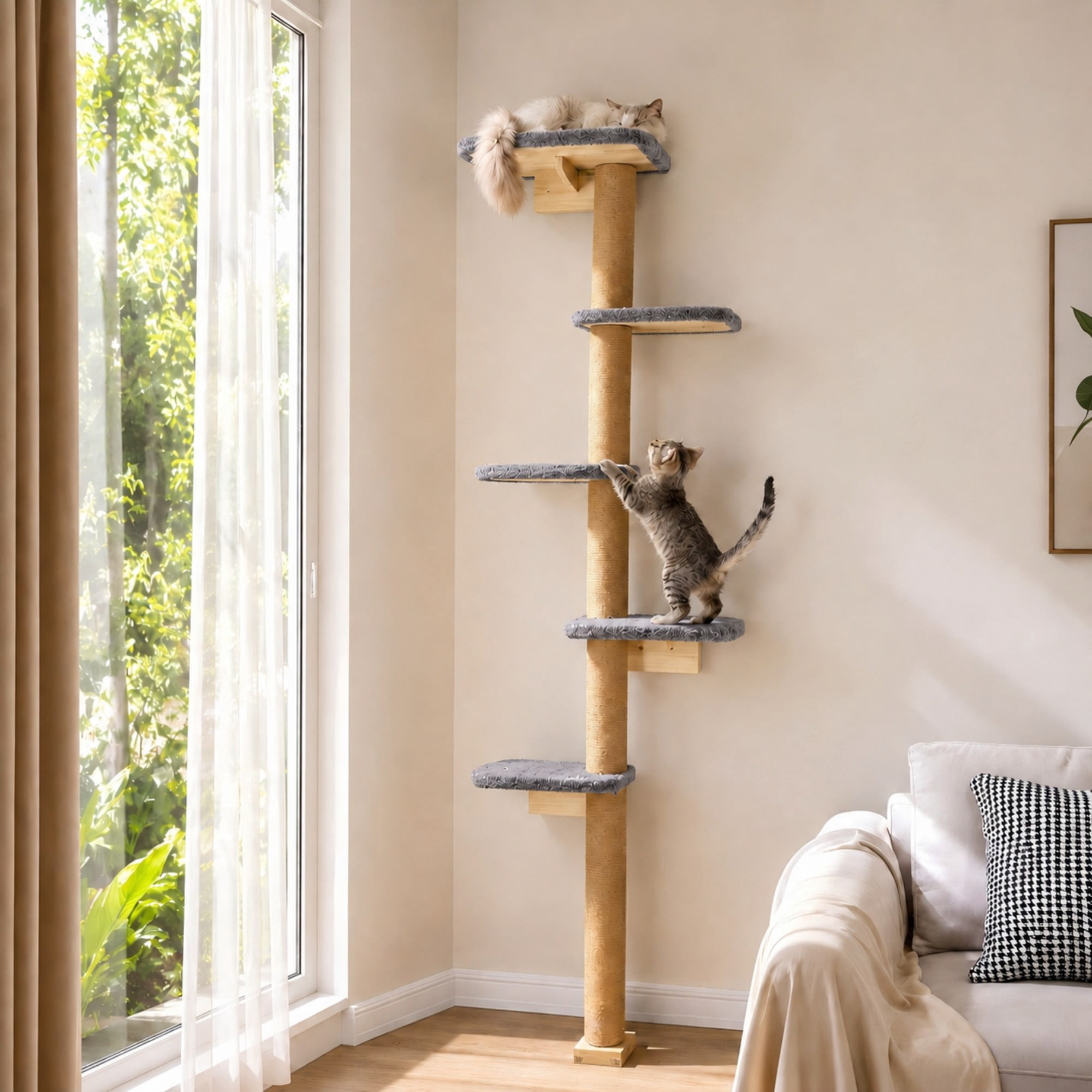 Peluomoz Gray Adjustable Floor to Ceiling Cat Tree with Plush Pads, 83 in