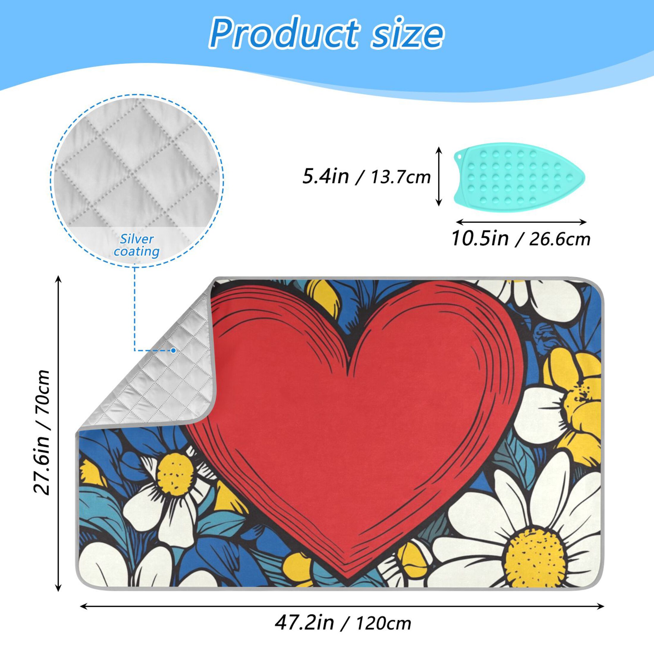 Blue White Florals Hearts Ironing Mat Blanket Portable Travel Ironing Pad Heat Resistant Pad 47.2" x 27.6”