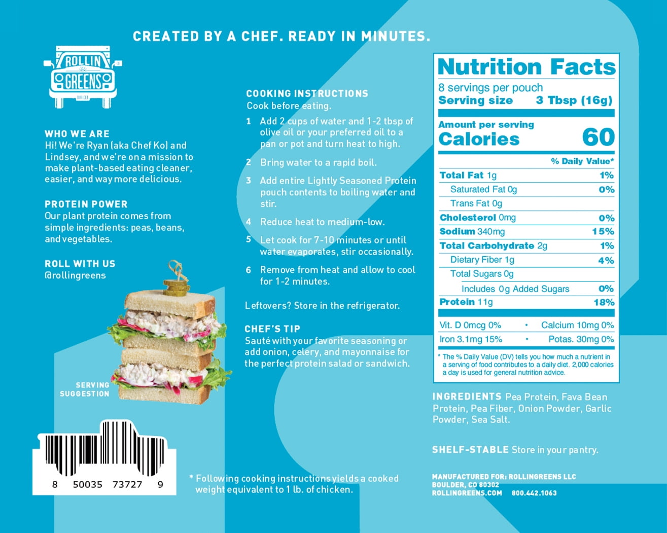 (12 pack) RollinGreens Plant-Based Classic CHIC'KEN Chopped, 4.5 oz Pouch, 1 Count