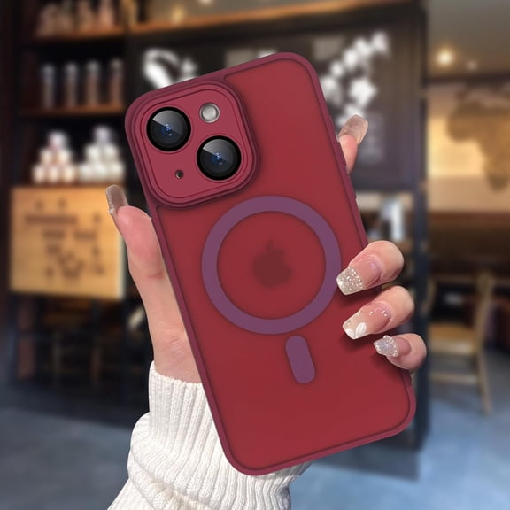 Compatible with iPhone 15 Plus Magnetic Frosted Case with Camera Lens Film Compatible with MagSafe Wireless Charging Case Men Women Translucent Matte Shockproof Phone Cover, Wine Red