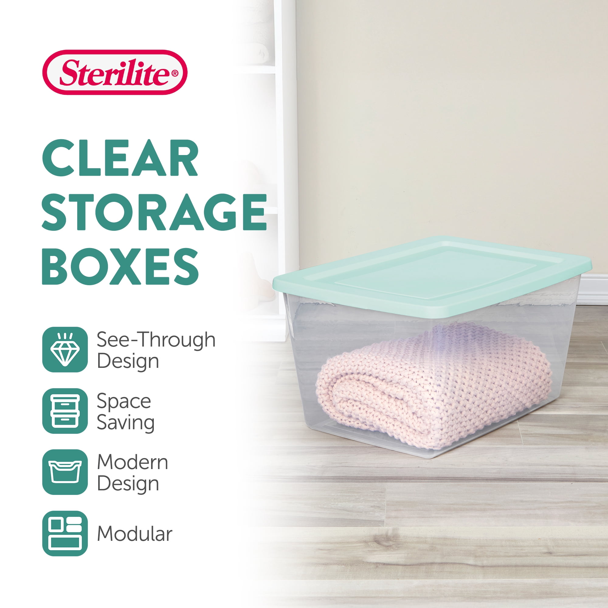 Sterilite 58 Qt Storage Boxes, Clear Plastic Containers with Snap Lids, Set of 16, Mint