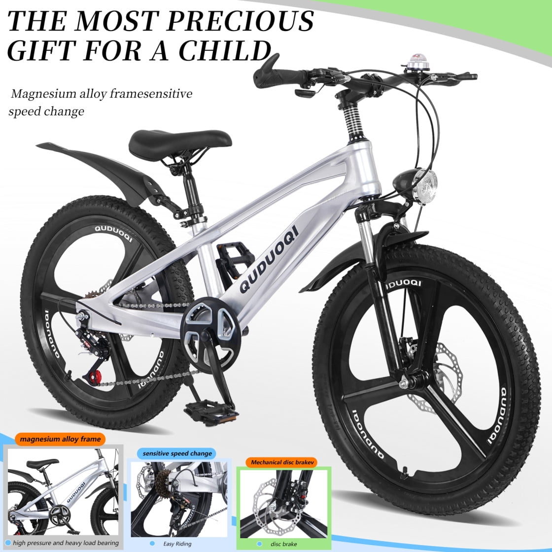20 Inch Kids Mountain Bike, 7-Speed Kids' Bicycles for Boys and Girls with Dual Disc Brakes, Magnesium Alloy Frame and LED Headlight, Silver