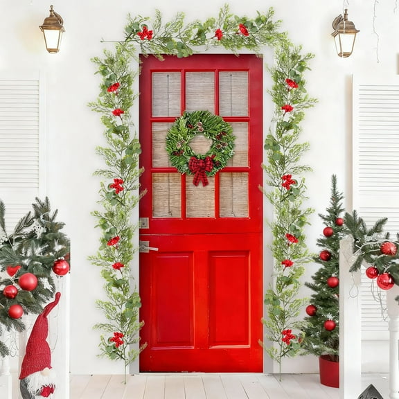 Christmas Garland 72.83 in Christmas Poinsettia Garland with Red Berries Holly Leaves Artificial Pine Needle Red Berry Garland Artificial Xmas Flower for Indoor Outdoor Christmas Decortions