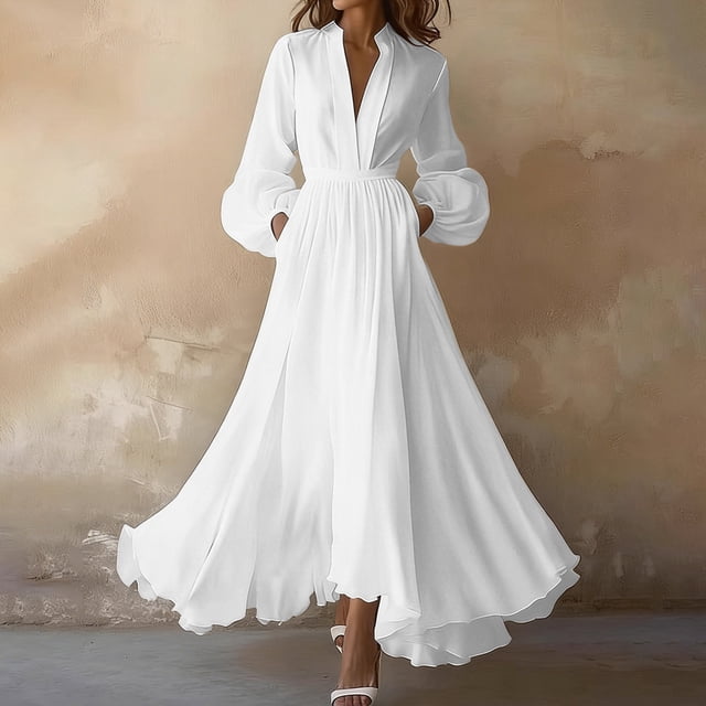 TaTaai Women Casual Solid V-Neck Long Sleeve Pleated Dress with Belt Loose Fit Maxi Dress Ladies Holiday Gathering Vacation Wear Lightweight Breathable No Fading Soft Comfortable Dress Gift