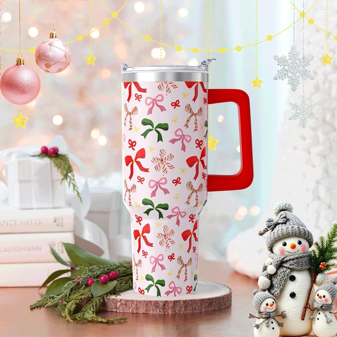 Christmas Tumbler, Cute Xmas Bow Tumbler with Handle and Straw, 40 oz Stainless Steel Insulated Water Bottle Christmas Birthday Winter Gifts for Women