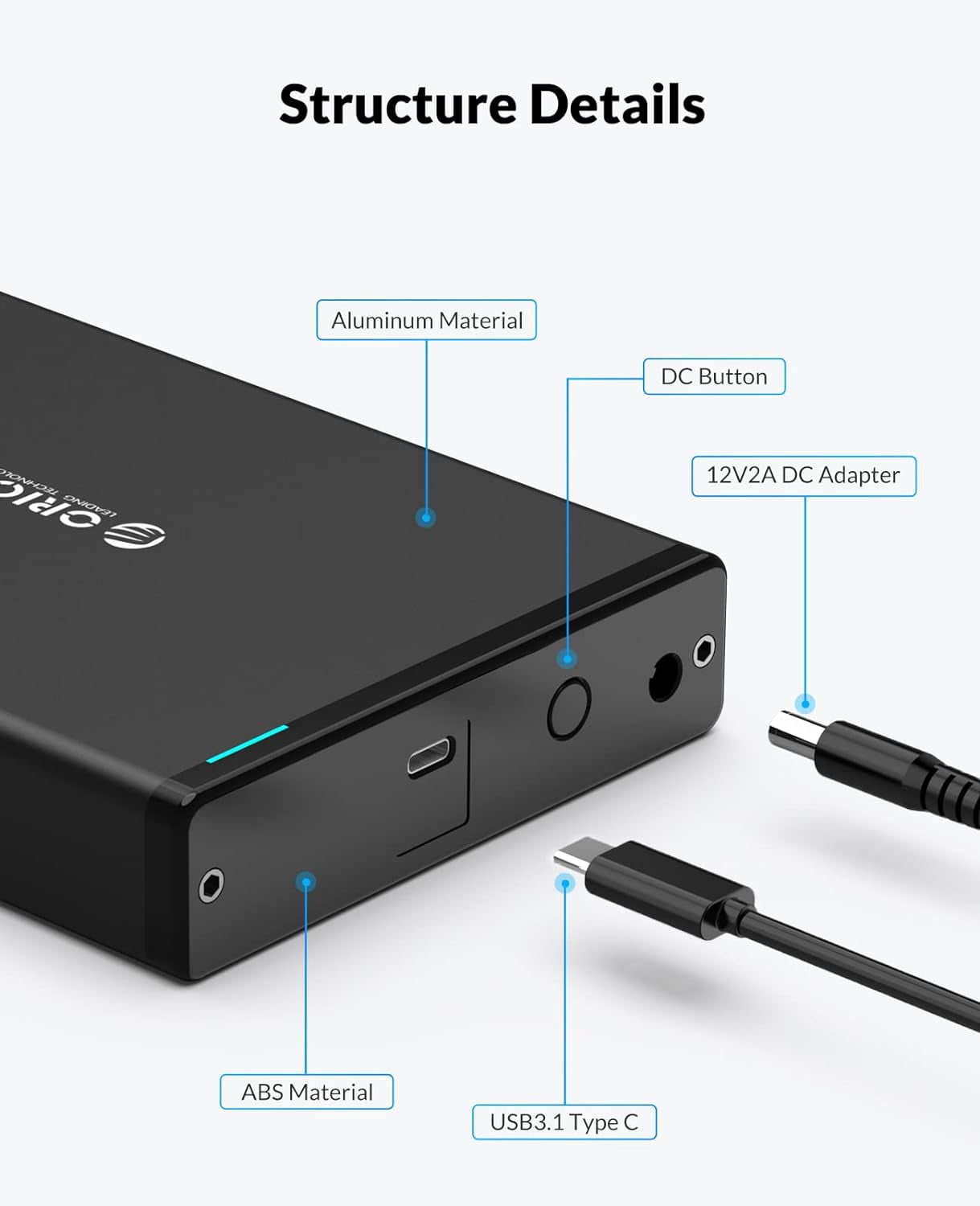 ORICO 3.5" Hard Drive Enclosure Aluminum 5Gbps USB C 3.1 to SATA HDD Enclosure 16 tb External Laptop Hard Drive Enclosure