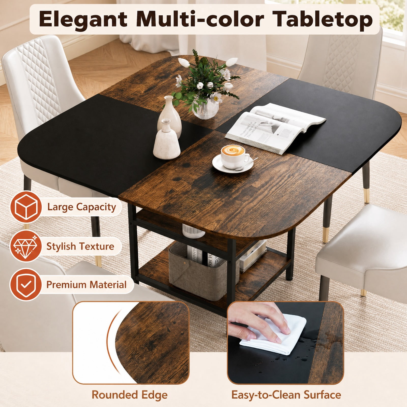 Furnibear 47.5 inch Modern Dining Table Square Kitchen Table with Mix-colored Tabletop for Kitchen Dining Room Breakfast Nook Small, Rustic Brown