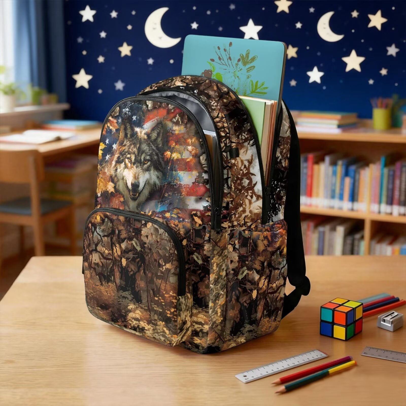 Xixirimido American Flag Wolf Forest Camo Print 17" Kids Backpack for Boys & Girls Large School Bags with Multi Pockets Elementary Middle High School Student Bookbag