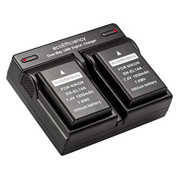 Ecoefficiency Ecoefficiency 2 En-El14, En-El14A Batteries   Dual Battery Charger For Nikon D3500, D3100, D3200, D3300, D3400, D5100, D5200, D5300, D5500, D5600, Df, Coolpix P7000, P7100, P7700, P7800
