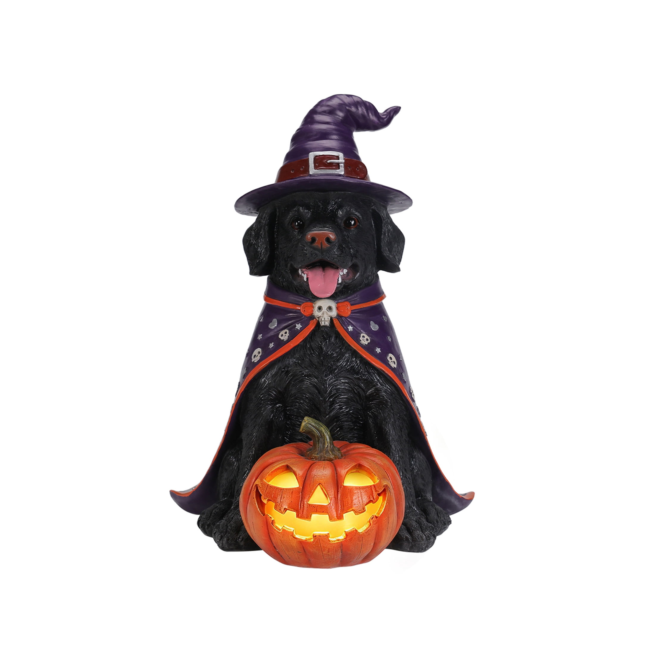 Noble House Halloween Golden Retriever Witch Puppy Figurine with Pumpkin Lantern, Decorative Statue, Black