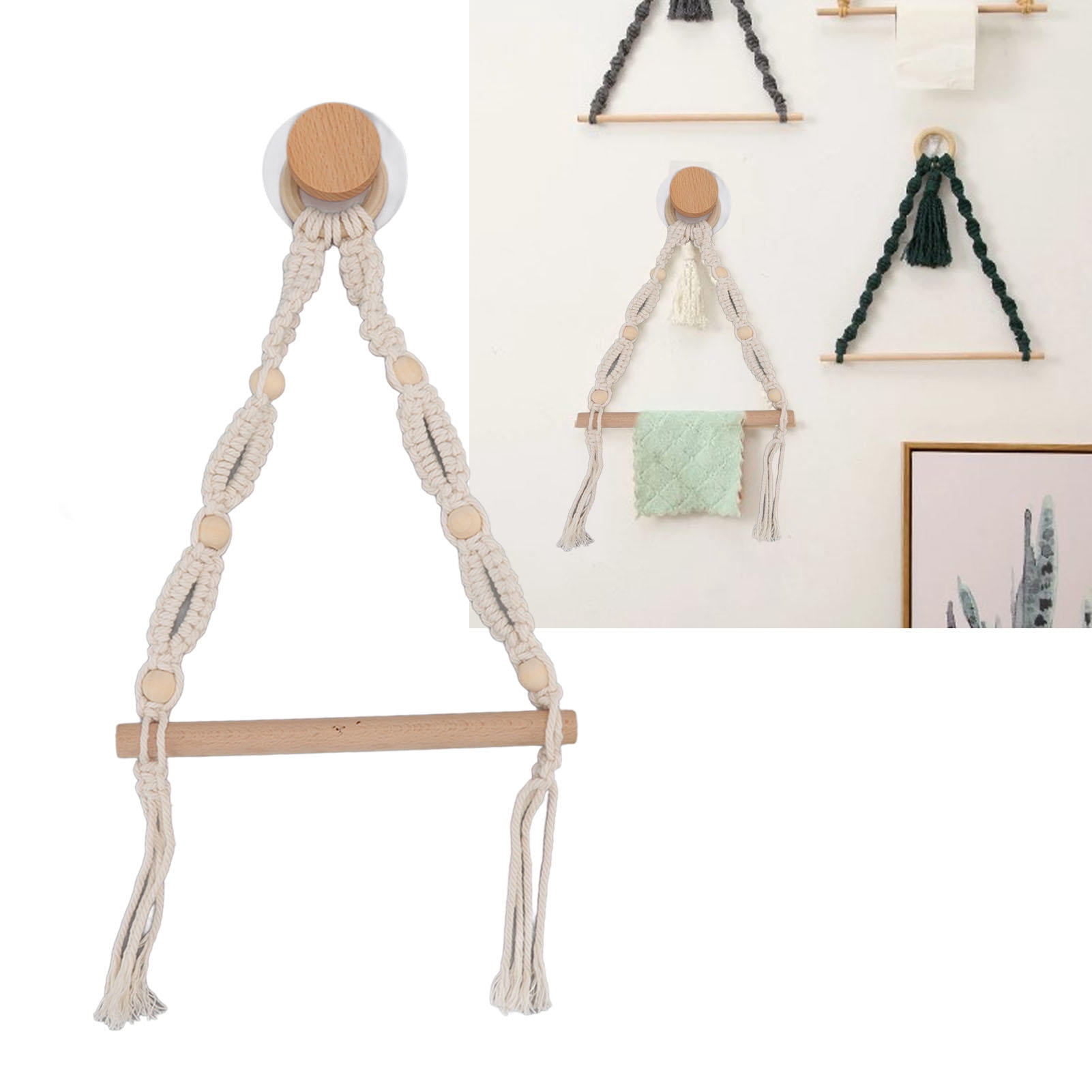 Yajisi European Vintage Rope Towel & Paper Towel Holder, 7.9x2.8in No-Drill Wall Mount, Handcrafted Cotton Rope & Beech Wood for Bathroom Kitchen