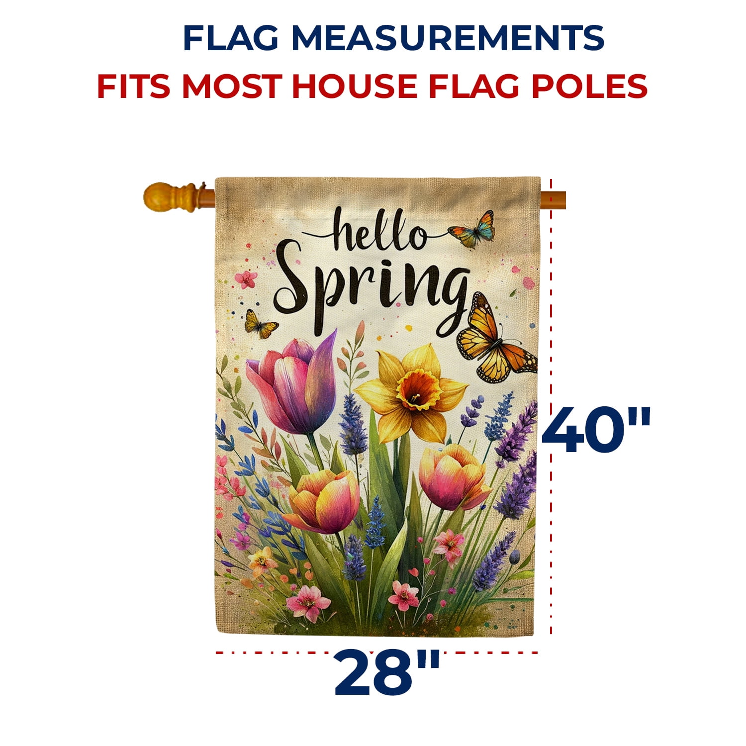 America Forever Hello Spring Floral House Flag, 28x40 inch Double Sided, Flower Large Farmhouse Yard Outdoor Decoration, Spring Summer Seasonal Decor Flag