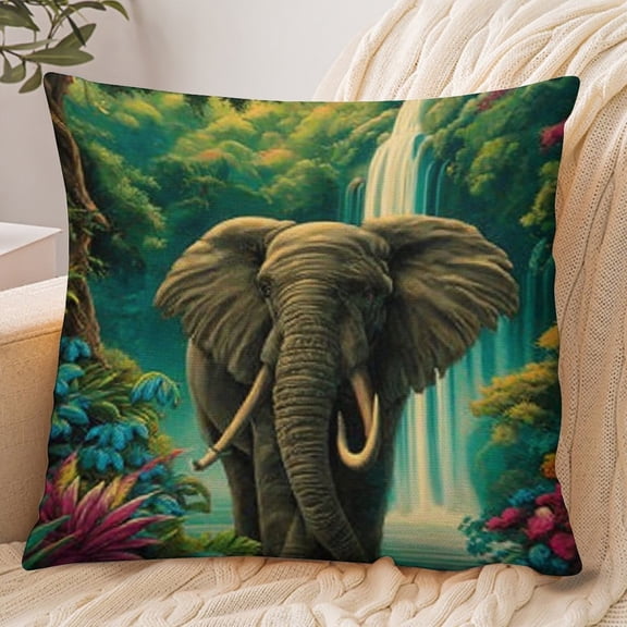 RKSupls 18x18 Inch Envelope Throw Pillow Cover, Elephant Waterfall Jungle Soft Polyester Modern Farmhouse Decorative Cushion Case for Home Bedroom Living Room