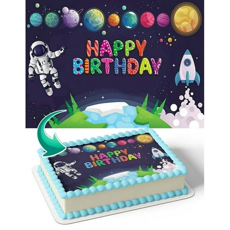 SugarMeLicious Space Galaxy Universe Astronaut Edible Cake Topper Personalized 1/4 Sheet Birthday Cake Banner for Kids Party Decorations Outer Space Theme Edible Image