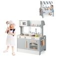 thumbnail image 2 of Redsmile Double-sided Pretend Play Kitchen,Wooden Kids Kitchen Playset with 2-Seat Cafe,Microwave,Oven,with Realistic Lights and Sounds,Gift for Girls Boys Ages 3-10,Gray, 2 of 10