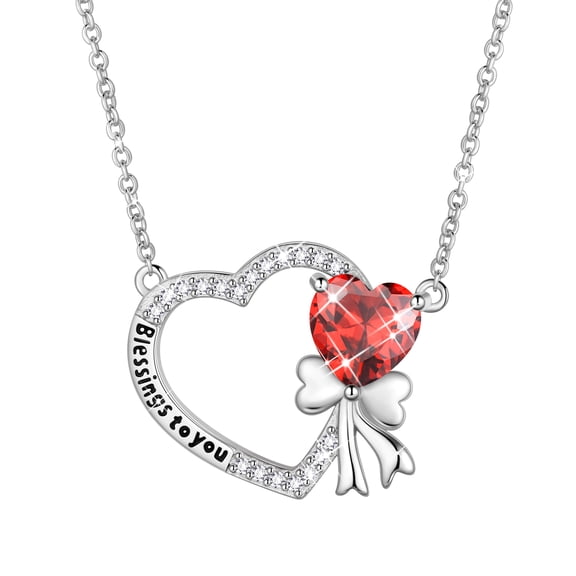 Fasjewly 925 Sterling Silver Heart Birthstone Necklace, Bow Knot Pendant Christmas Birthday Anniversary Jewelry Gift for Women Mom