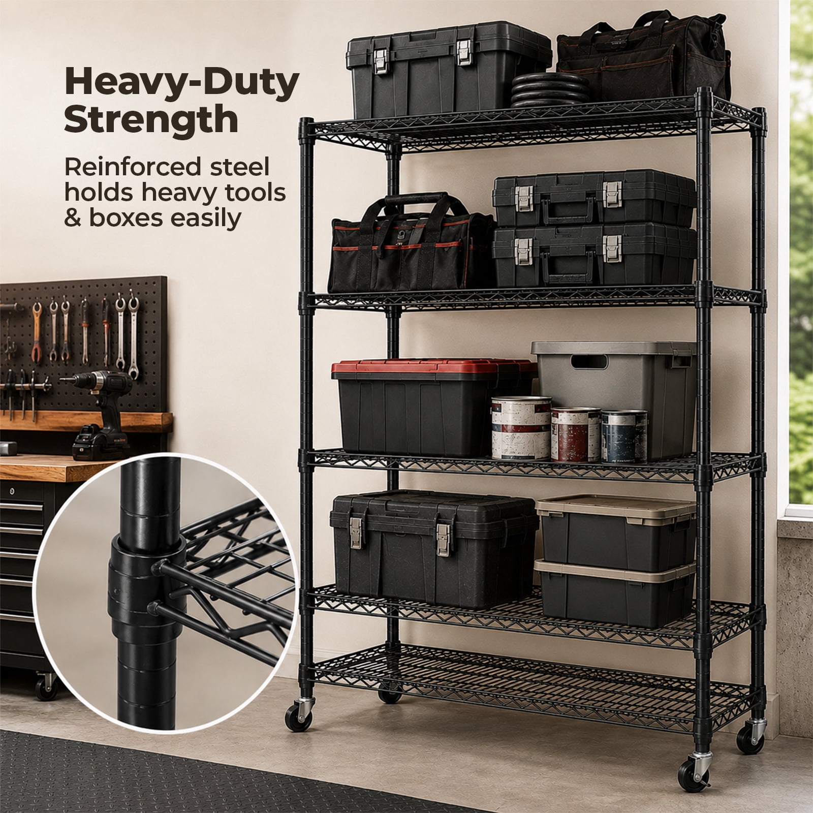 Alvantor 3/4/5 Tier Heavy Duty Adjustable Metal Shelf with Wheels, No-Tool Assembly, Suitable for Garages, Kitchens, Storage Rooms, Laundry Rooms and Offices