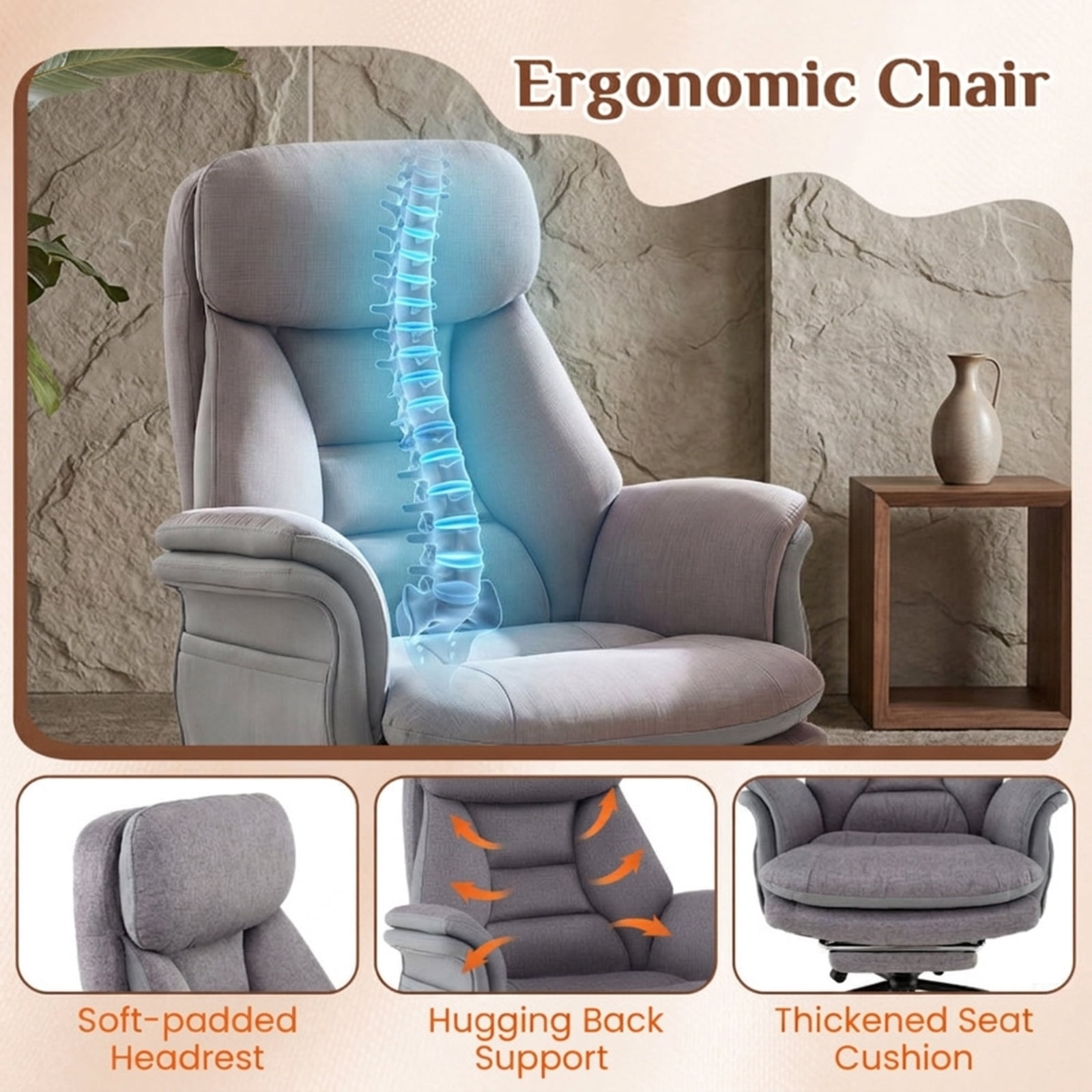 Furnibear Big and Tall Ergonomic Office Chair 400 lbs High Back Wide Linen Computer Chair with Retractable Footrest, Gray