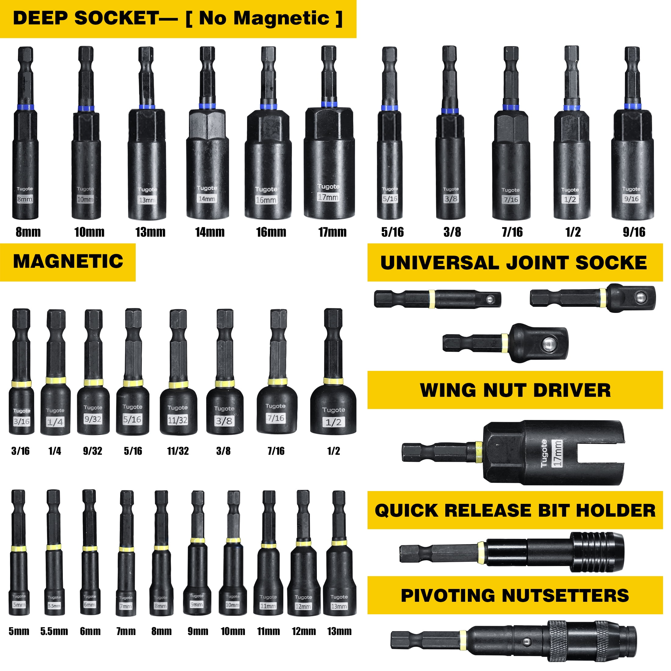 61PCS Impact Nut Driver Set - Magnetic Deep Nut Drivers for Drills, Includes Metric & SAE Socket Adapters, Wing Nut Driver, 1/4'' Quick Change with Bit Extension, Pivoting Nutsetter, S2 Steel Bits