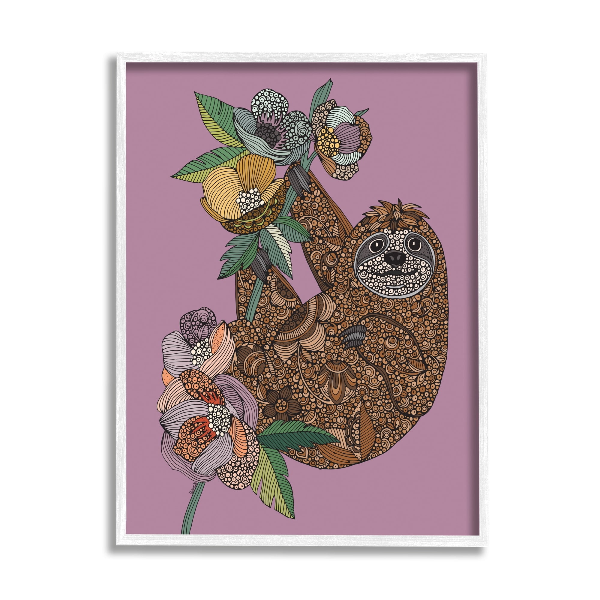 Stupell Industries Sloth Hanging Flower Blossoms Intricate Fractals Pattern Graphic Art White Framed Art Print Wall Art, Design by Valentina Harper