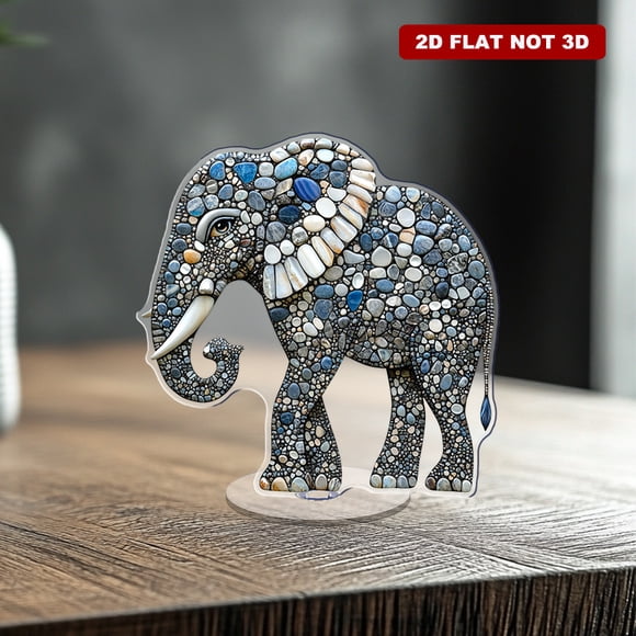 Rotating acrylic display featuring a mosaic elephant crafted from pebbles and glass in blue grey silver and black against a round white background