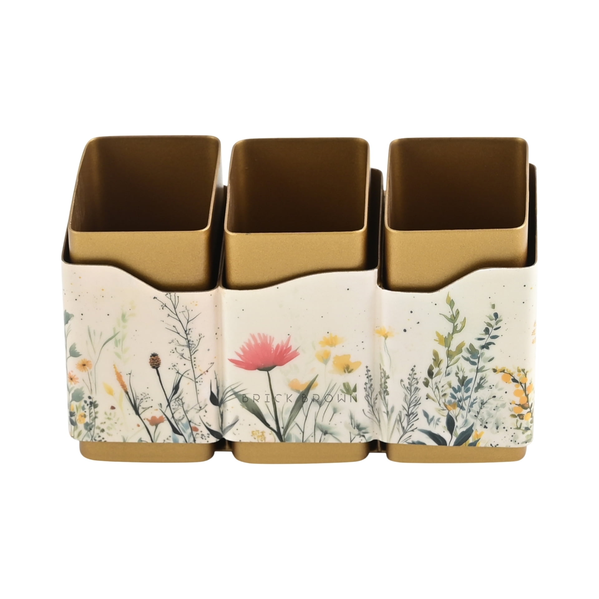 Brick Brown® Premium Metal Triflora Cutlery Holder – Spoon Stand for Kitchen | Spoon Holder for Dining Table | Wooden Caddy Storage Organizer | Stand Caddy Holder for Kitchen Utensils (6.3x8x9.5in)
