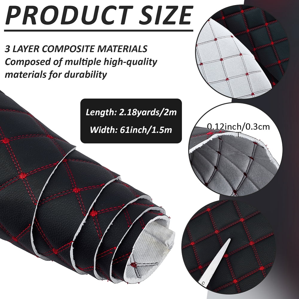 2.1 Yards Quilted Foam Fabric Leather Fabric 61 inch Diamonds Pattern Leather Fabrics with Red Stitch(Black)