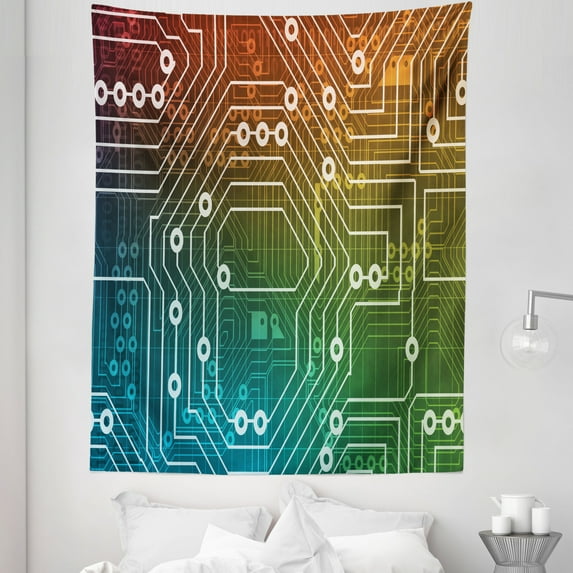 Circuit Board Tapestry, Electronics Industry Innovation Computer Technology Motherboard Card Artwork, Fabric Wall Hanging Decor for Bedroom Living Room Dorm, 5 Sizes, Multicolor, by Ambesonne
