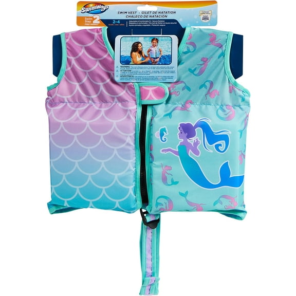 SwimWays Swim Step 2 Adjustable Swimming Pool Secure Flotation Training  Blue & Purple Mermaid Swim Vest - Ages 2-4 Years