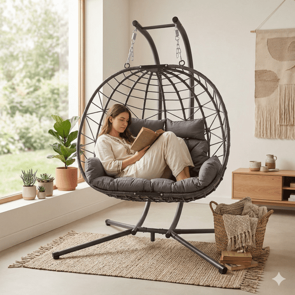 NOBOLEA Double Hanging Egg Chair with Stand, 2-Person Patio Hammock Swing Chair with Cushion & Headrest, Indoor Outdoor Wicker Loveseat for Balcony, Garden