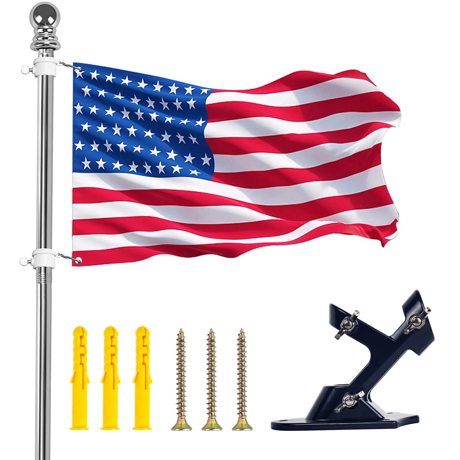 6FT Flag Pole Stainless Steel Tangle-Free Wall Mounted Spinning Flagpole Kit US 