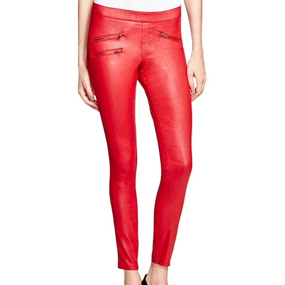HUE Zippered Glossy Denim Leggings, Red, Medium